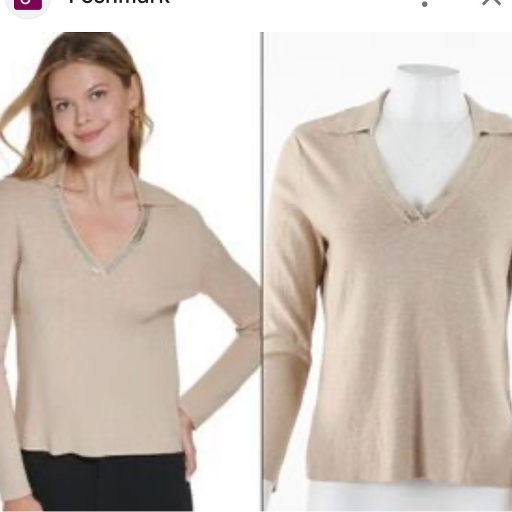 Calvin Klein light tan vneck metallic accent sweater